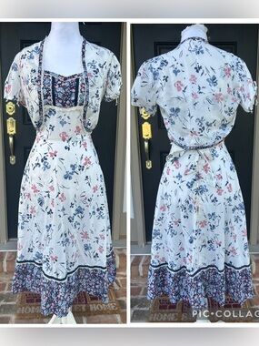 Vintage 70s cream blue mauve floral sundress matching bolero cottagecore boho XS